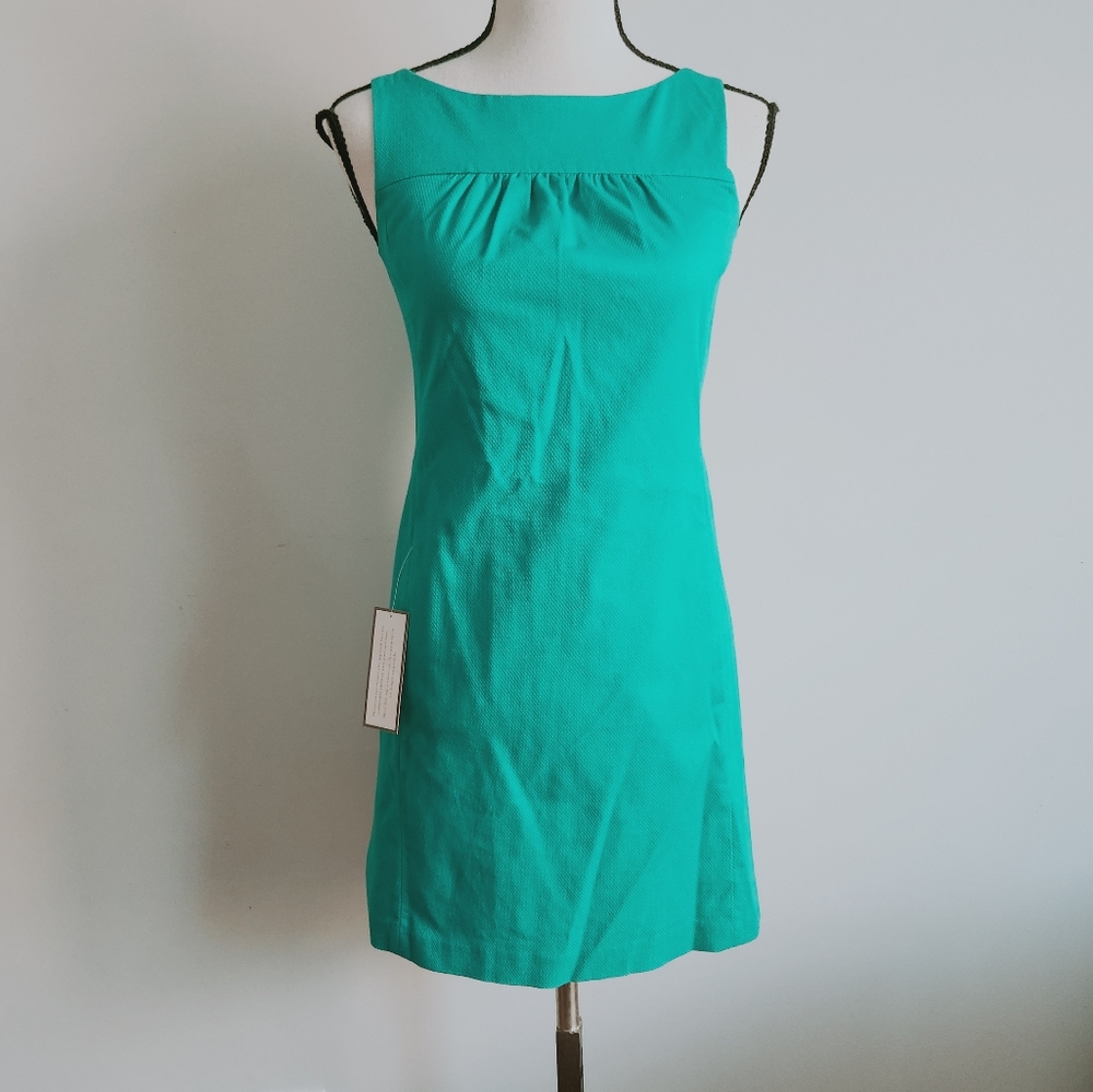 Ann Taylor Women's 00P Sleveless Dress Teal Textured Sheath w Pockets